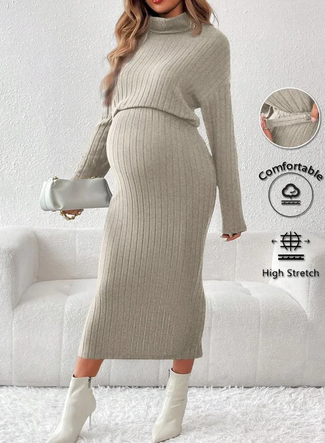 تايك تو طقم مضلع للحوامل بلوزة بياقة مرتفعة وتنورة بخصر مرن قابل للتعديل